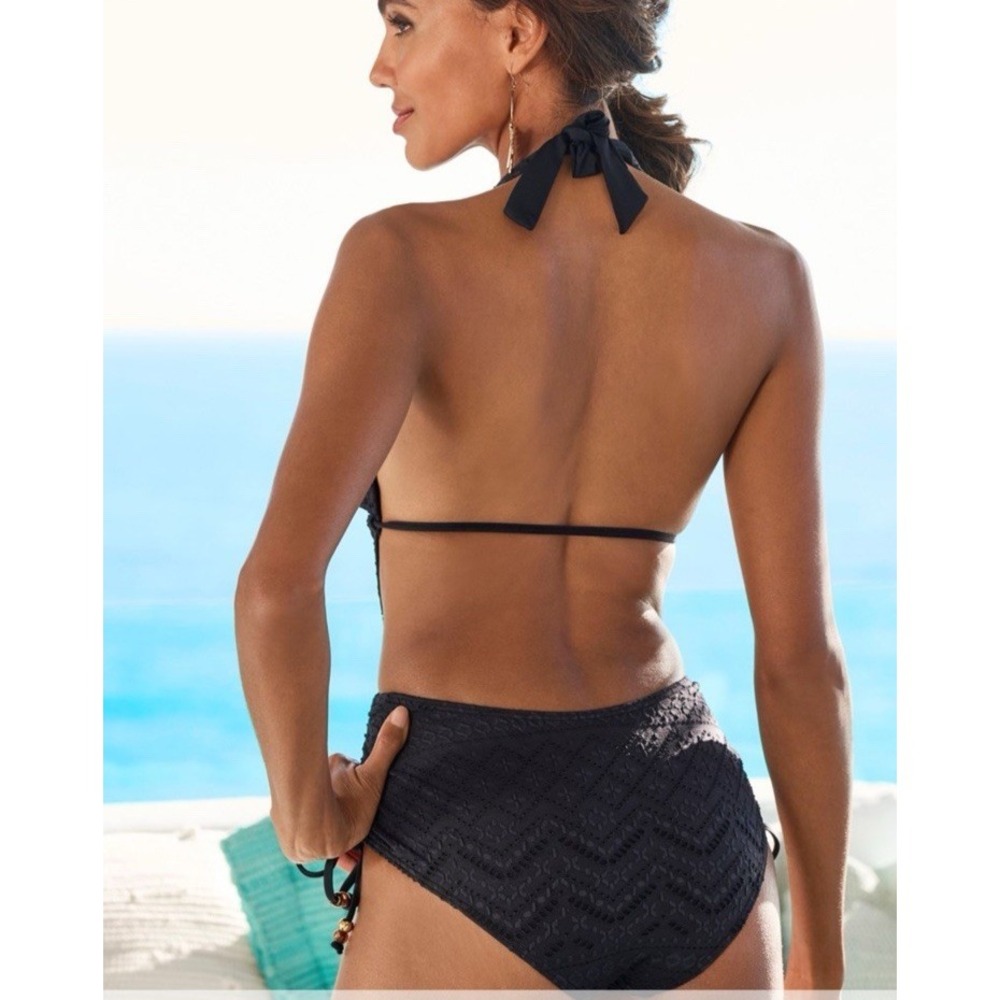 Lascana Pure Selection Size 8 C/D Plunge Crochet Halter One Piece Swimsuit Black - Picture 2 of 14